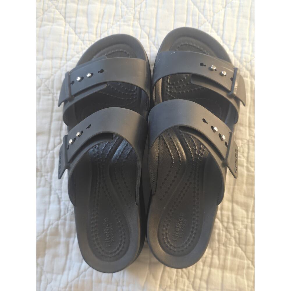 Crocs Womens Brooklyn Buckle Black Double Strap Wedge Slide Sandals Size 6 heel - Picture 14 of 15